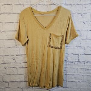 POL Shirt Womens Small Mustard Yellow/Gold Crochet Pocket V-Neck